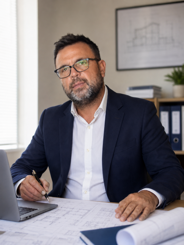 HOME Tecnico al lavoro con planimetrie durante una verifica immobiliare