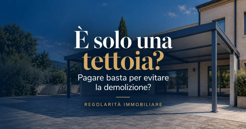 Tettoia davanti a un edificio con la scritta «È solo una tettoia? Pagare basta per evitare la demolizione?»